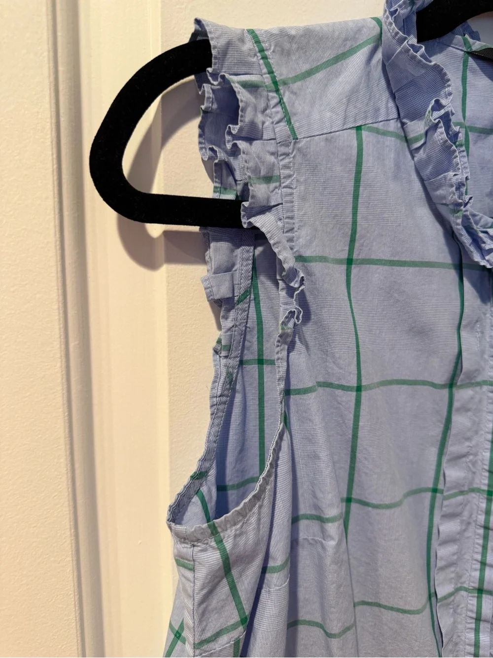 J. Crew Light Blue & Green Windowpane Ruffle Collar Blouse